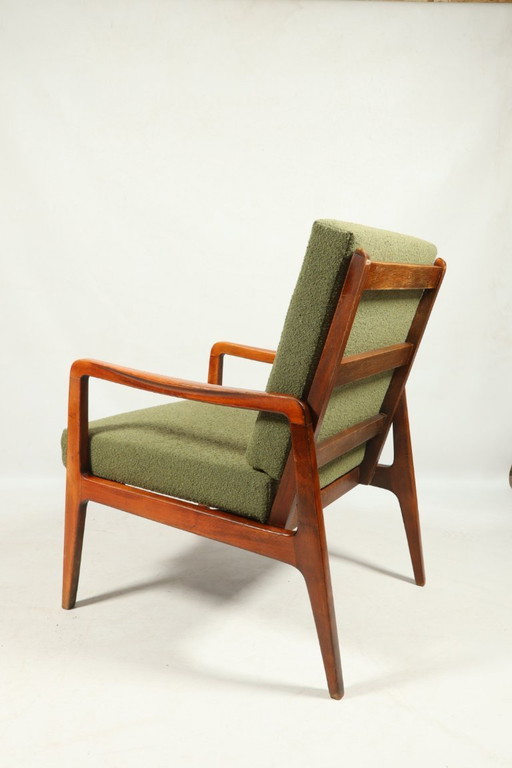 Mid-Century Armchair Vintage Green Boucle Cushion Wooden Lounge Chair, 1980s