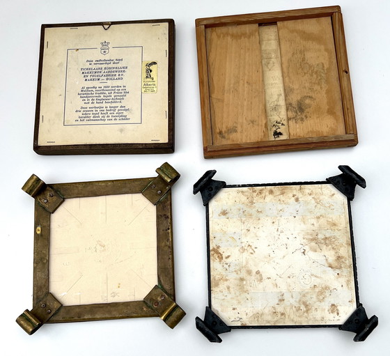 Image 1 of Four framed ceramic tiles – Delft/Makkum style – Hand-painted – Netherlands, 20th century