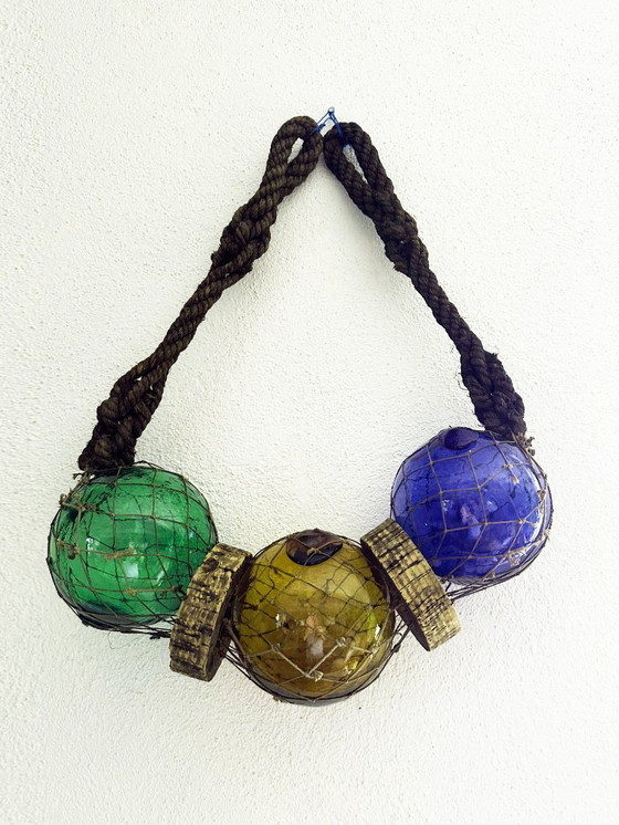 Image 1 of Visdobber gemaakt van geblazen glas, kurk en touw. Frankrijk, jaren 60.