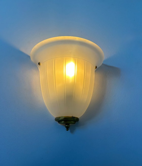 Image 1 of Pair of vintage sconces, brass and sandblasted glass, France 1970