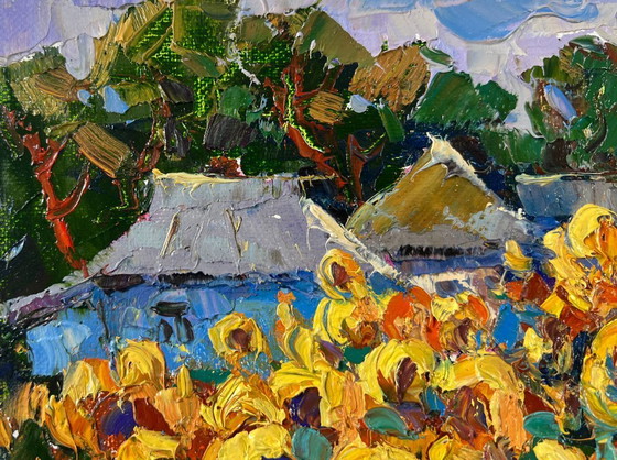Image 1 of Original Oil Painting Summer Flowers Landscape Sunflower gardens
