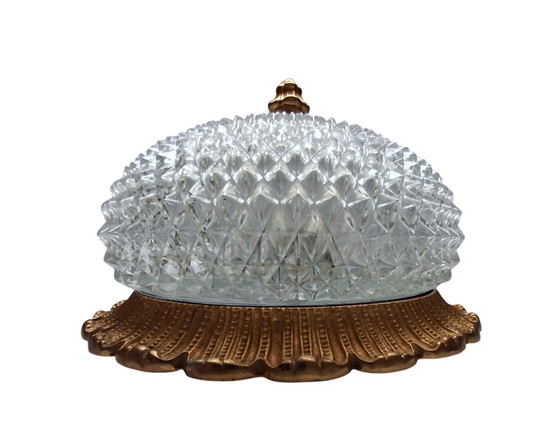 Image 1 of Vintage 1950, 1960, 1970 Limburg Crystal Glass & Brass Ceiling Light - Art Deco Flush Mount