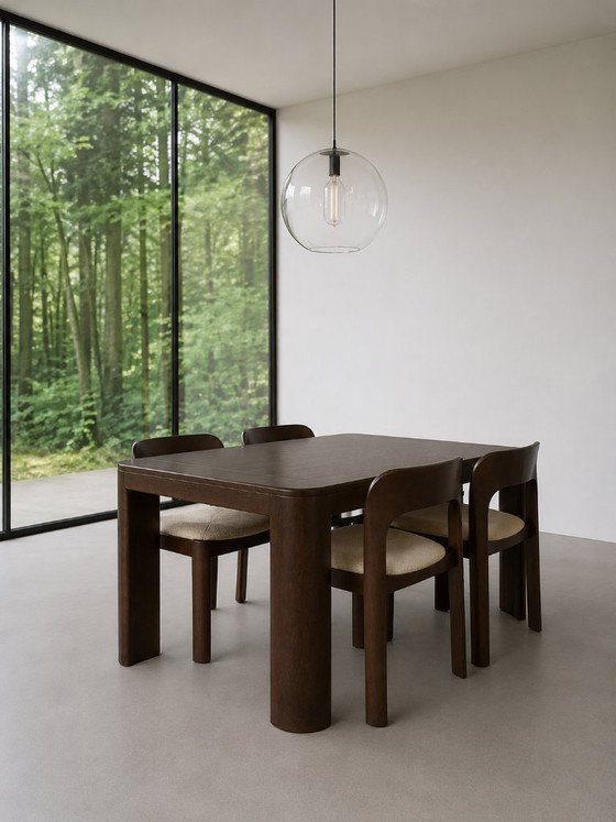 Brutalistische Eetkamerset Jaren 70 – Textile, Wood (photo 5 of 7)