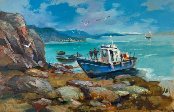 Image 1 of Original Oil Painting Summer Sea Landscape Boat on the horizon
