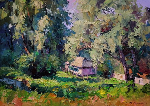 Original Oil Painting Rural Summer Landscape Village House Among Greenery – schilderijen tekeningen, Canvas