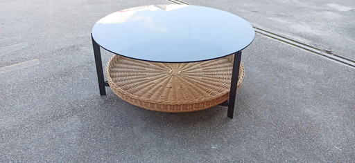 Table basse ronde vintage en verre, métal et rotin