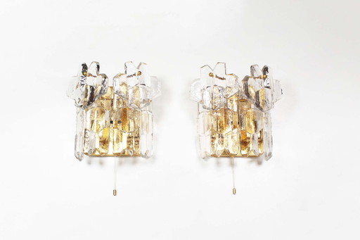 2X Brass And Heavy Ice Glass Sconces By Kalmar, Austria 1970’S