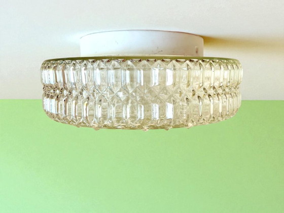 Image 1 of Grand plafonnier ou lampe murale à encastrer en verre hobnail givré