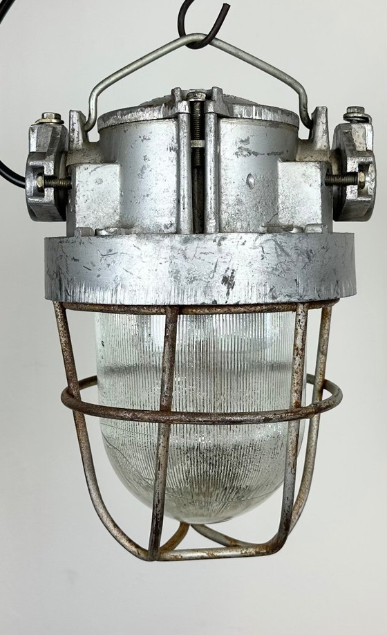 Image 1 of Industrial Soviet Cast Aluminium Bunker Pendant Light with Iron Grid, 1960s