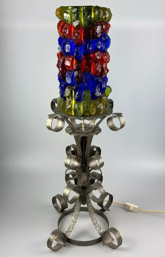 Image 1 of 60s 70s Brutalistische vloerlamp ijzer & glas vloerlamp Mid Century