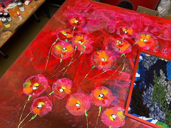 Image 1 of Oil/acrylic painting of a flying carpet in red