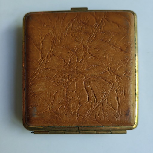 Vintage sigarettendoosje van echt leer – Messing doos uit het midden van de 20e eeuw