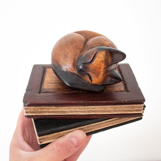 Image 1 of Teak Figurine of a Sleeping Cat on Two Books