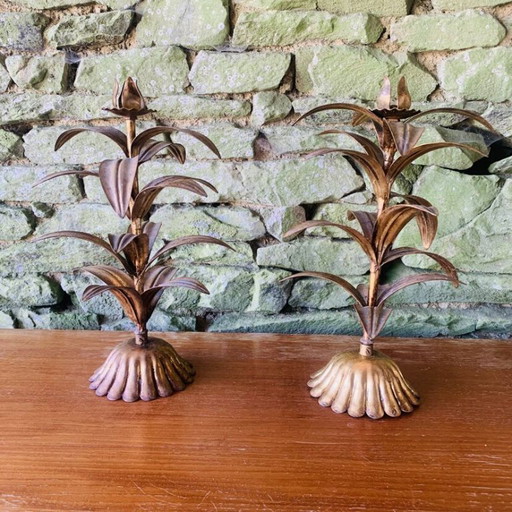 Coppia di candelabri in foglia d'oro degli anni '60