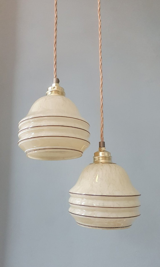 Image 1 of Set di 2 lampade a sospensione Art Déco vintage - vetro color ambra