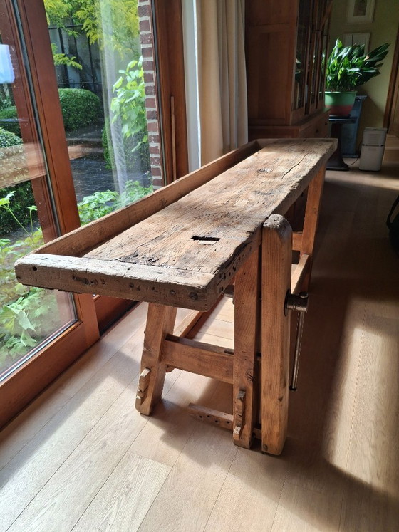 Mooie Gerestaureerde Antieke Werkbank – Consoles, Metal, Wood (photo 7 of 10)