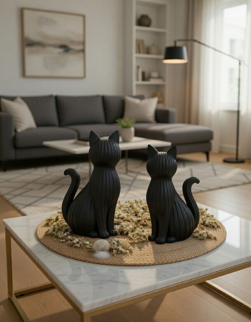 Modern Decorative Cats Set of 2 – Minimalist Cat Figurines in Black (12cm & 20cm)
