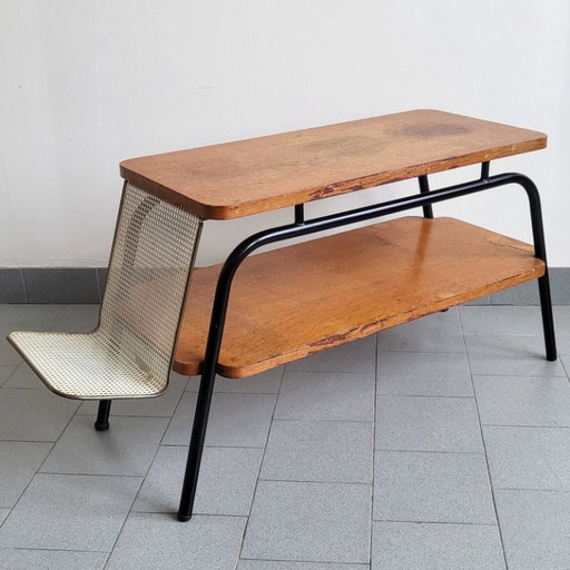 Tavolino da caffè/portariviste vintage anni '50 in acciaio e faggio - Stile Rockabilly Zazou