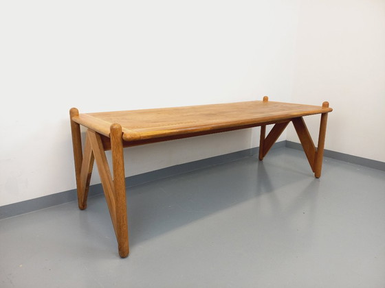 Image 1 of Exceptional suite of a large rectangular table and 4 vintage Brutalist chairs in solid oak from the 60s