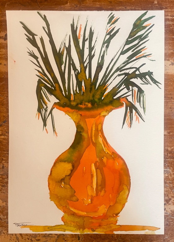 Signed Still Life Painting "Provençal Jar Adorned with Plants" – P. Fenilhac, Paintings & Drawings, Paper (photo 3 of 9)