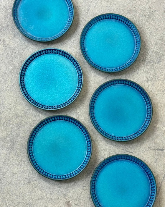 Image 1 of 6 dessertbordjes van Ceramano West-Duitsland in de kleur "Argus Blue".