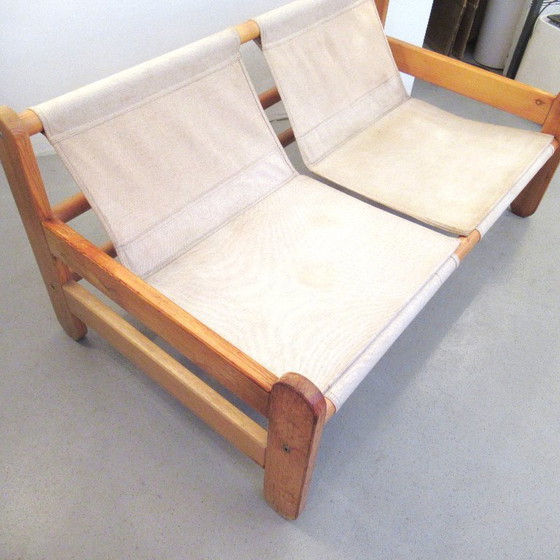 Image 1 of Pine and fabric bench from the 1980s
