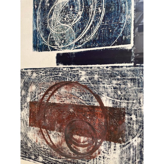 Image 1 of Abstrakter Druck in Burgunderrot und Blau, Mid-Century Modern, signiert