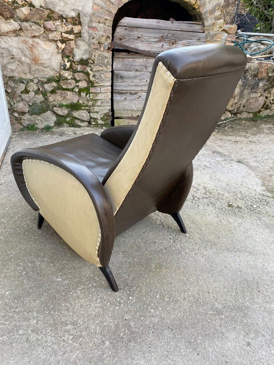 Image 1 of Fauteuil lounge inclinable repose pied simili cuir skai vintage 50
