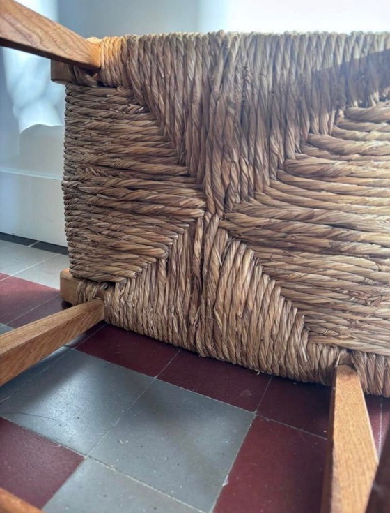 Image 1 of Vintage wooden stool with woven wicker seat - Brutalist/Mid-Century
