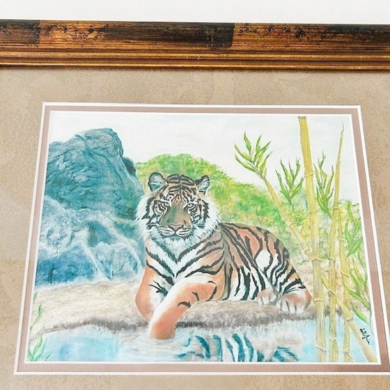 Image 1 of Corinne Dell Aria, gerahmtes Pastellgemälde, Tiger, 2000er Jahre