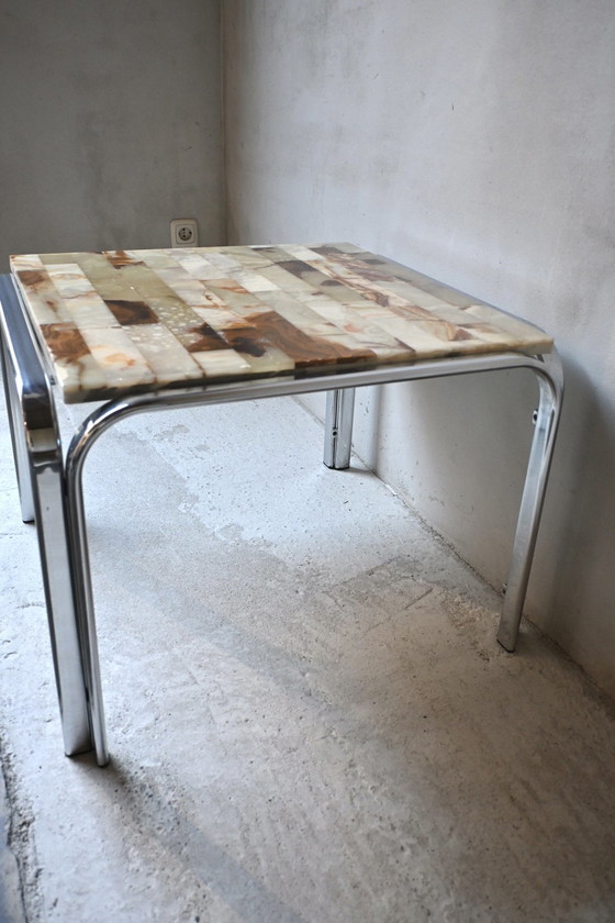 Vintage 70s Design Side Table, Onyx Mosaic & Chrome – Coffee tables, Stone, Metal (photo 11 of 12)