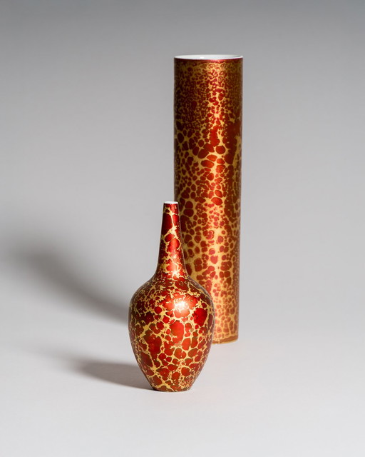 Rosenthal H. Drexler Hand-painted Retro Cylinder & Bottle Vase Duo Goldfeuer Red