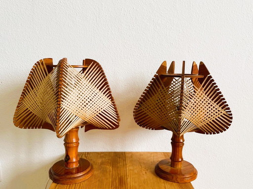 Portuguese rustic farmhouse wooden bedside table lamps, 1960s, Set of2