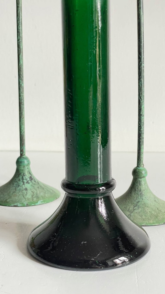 Image 1 of Vintage Glass and Metal Candle Holders Green