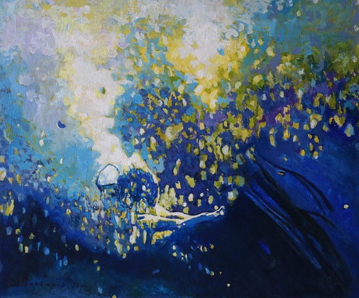 Original Acrylgemälde Zeitgenössische Kunst Symbolismus Ozean Einsamer Schwimmer
