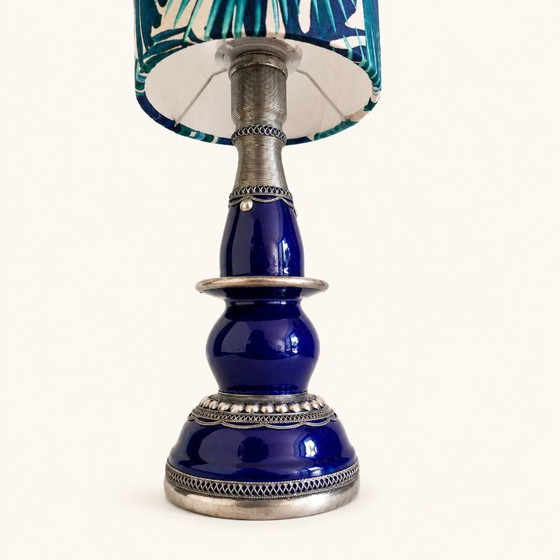 Image 1 of Vintage blue table lamp with botanical lampshade