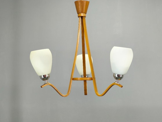 Image 1 of Pair of Czech Mid-Century Wood and Glass Chandeliers by Dřevo Humpolec