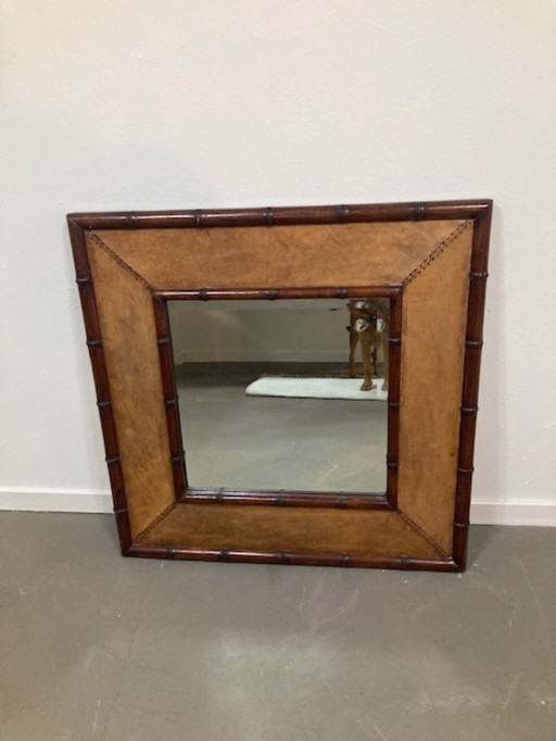 Big faux bamboo and leather mirror, Adnet style
