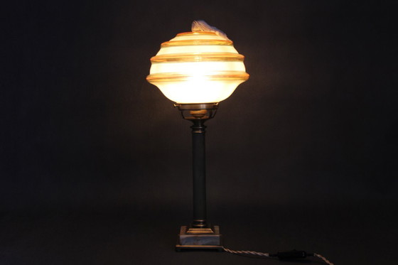 Image 1 of 1940s Restored Brass Table Lamp with Marble Base and Glass Shade