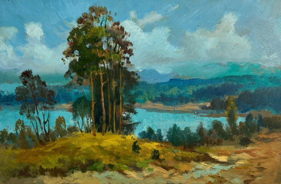 Image 1 of Original Oil Painting Summer Forest Landscape River in green embrace