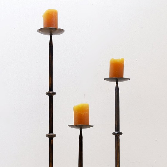 Image 1 of Set of 3 brutalist tripod candlesticks/candle holders in wrought iron