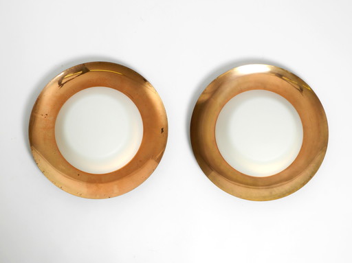 Pair of Large Mid Century Wall or Ceiling Lamps Made of Glass with Copper-Plated Metal Reflector by Kaiser Leuchten