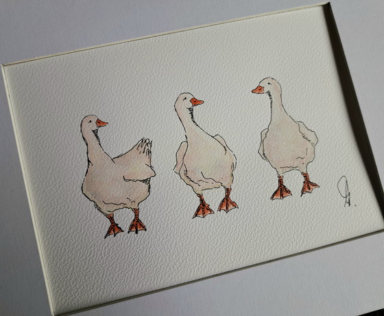 Image 1 of Watercolor painting Three Geese, original including frame