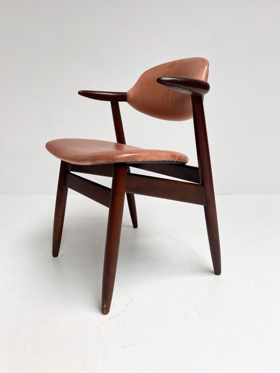Image 1 of Fauteuil en cuir marron à motif corne de vache, années 1970