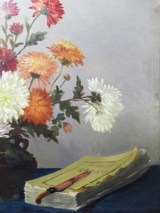 Image 1 of Oil painting on canvas, still life with chrysanthemums, signed L. Porte 1888