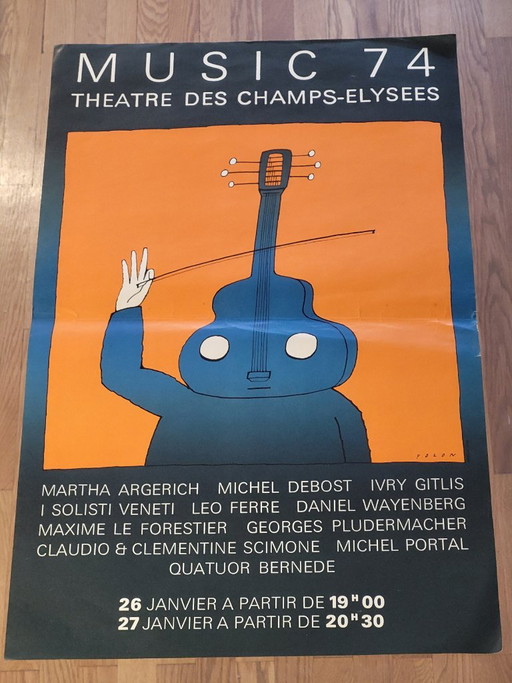 Affiche originale de Jean Michel Folon "Music 1974" France Champs Elysées