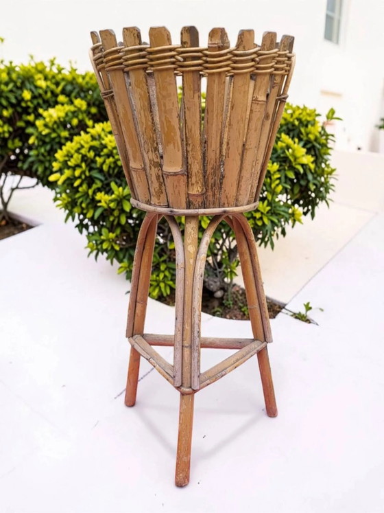Rotan plantenstandaard uit de jaren 60 – Plantenbak, Wicker, Rattan, Bohemian (photo 7 of 7)