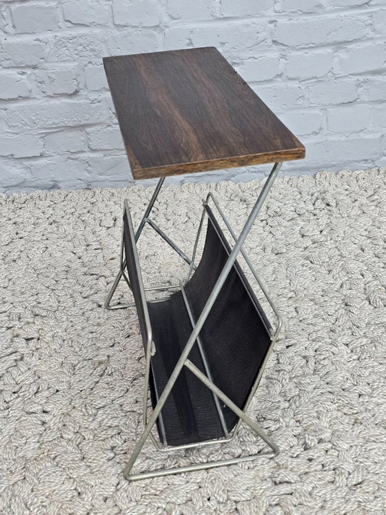 Image 1 of    	 Minimalistic Mid-Century Teak Magazine Table with Metal Frame and Leatherette Sling, 1960s