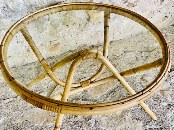 Image 1 of Tavolino vintage in rattan e bambù con piano in vetro, anni '60