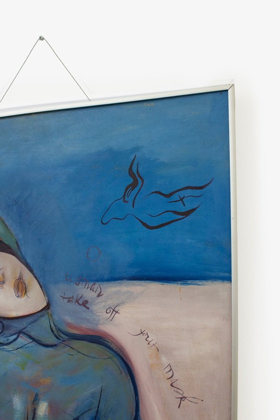 Image 1 of Peinture d'Evarsky Blom BKR intitulée « Femme, enlève ton masque », années 1970 - acrylique sur bois